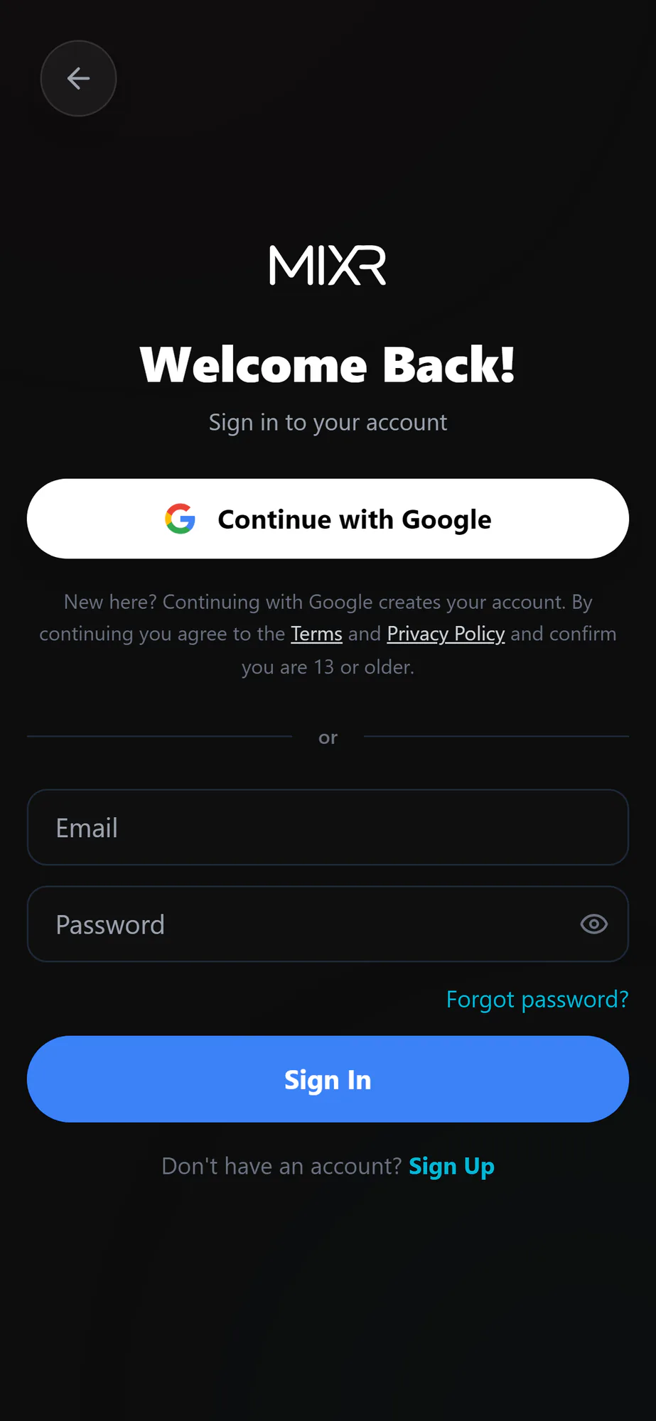 The MIXR sign-in page
