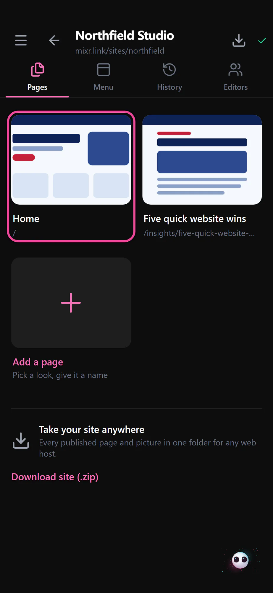 The pages of a site in the MIXR dashboard