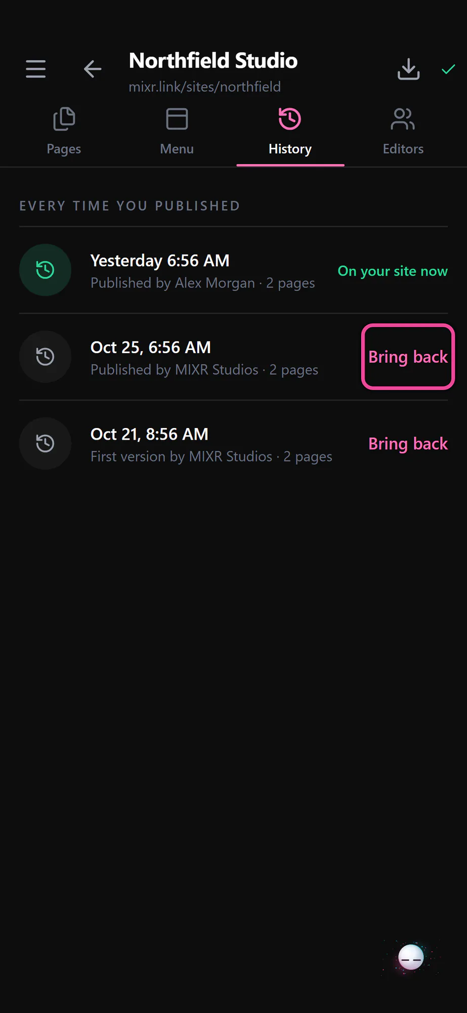 Publish history with Bring back